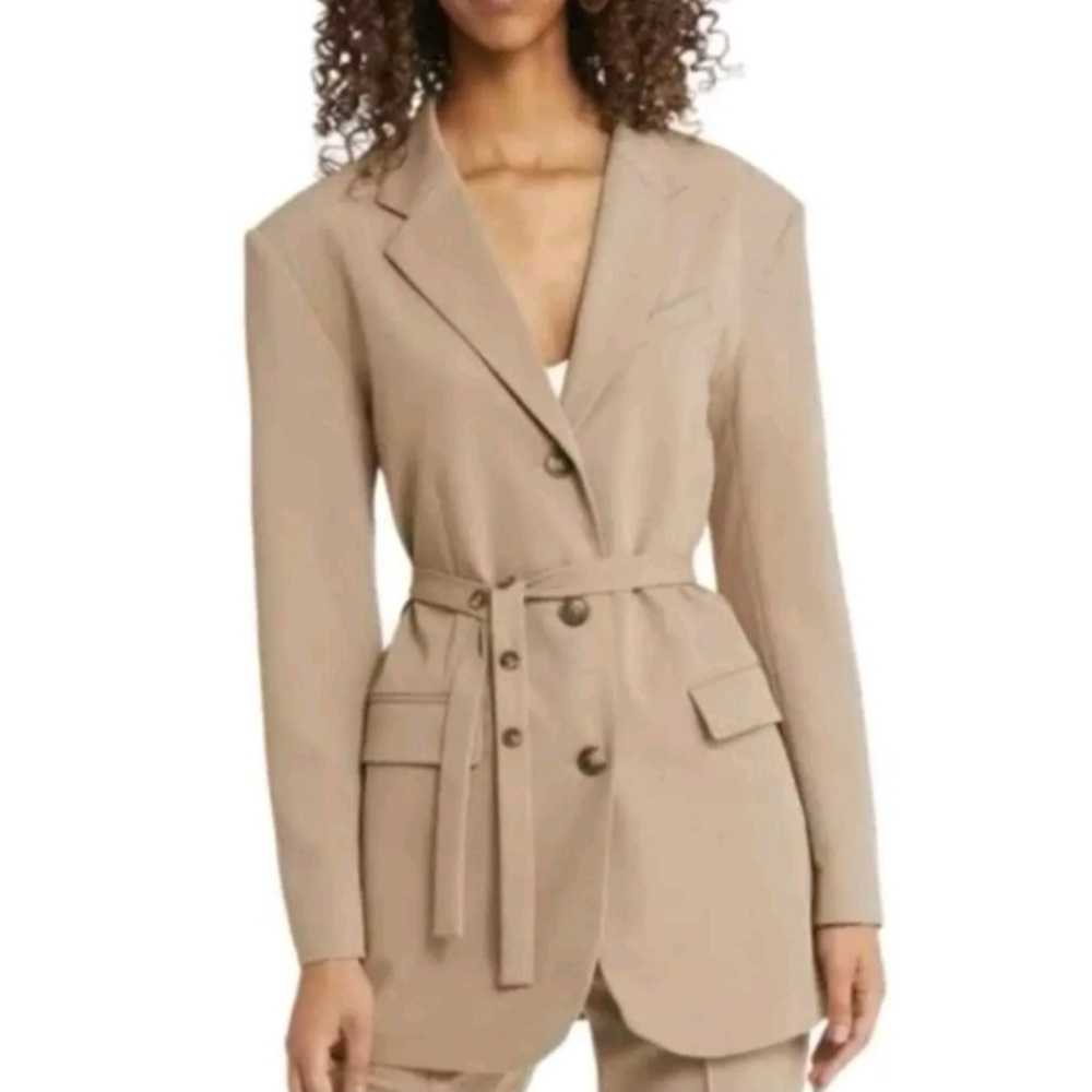 Topshop Belted Jacket Long Blazer Size 2 Tan Khaki Jacket Women's